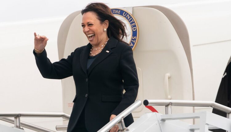Vice President Kamala Harris reacts to her greeters as she exits Air Force Two, Monday June 21, 2021, on arrival at Coraopolis, Pa., for a visit to Pittsburgh. (AP Photo/Jacquelyn Martin)