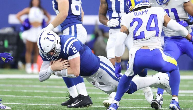 Carson Wentz injured his right ankle when the Indianapolis Colts lost to the Los Angeles Rams

