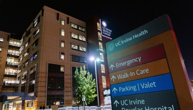 The University of California Irvine Medical Center is seen in Orange, Calif., Thursday, Oct. 14, 2021. (AP Photo/Damian Dovarganes)