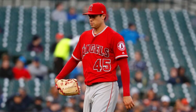 Los Angeles Angels pitcher Tyler Skaggs walks to the dugout in the third inning of a baseball game in Detroit, May 8, 2019. (AP Photo/Paul Sancya)