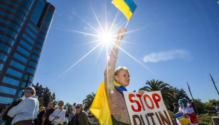 Demonstrators in Hollywood to protest Russia invading Ukraine

